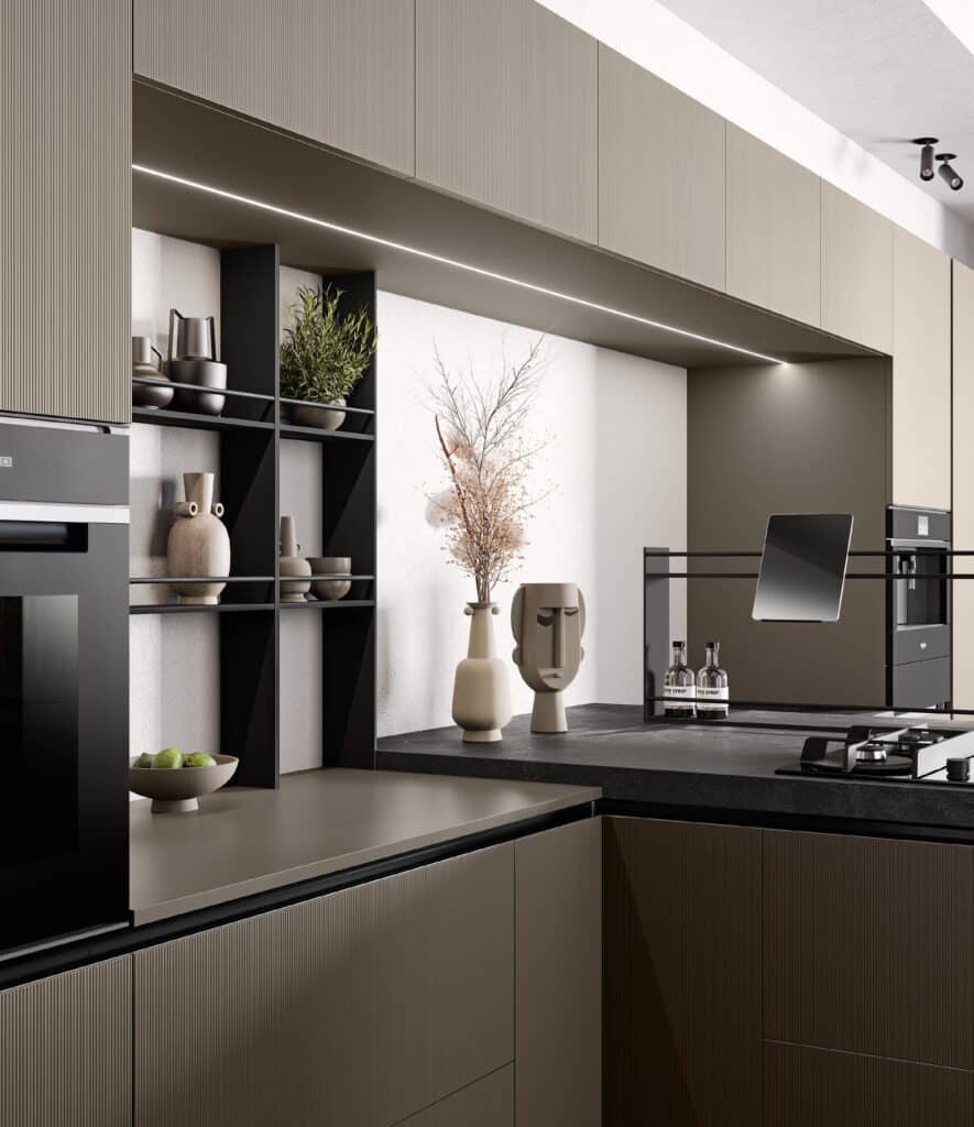 Modern kitchen interior with sleek cabinets, open shelving, and decorative vases.