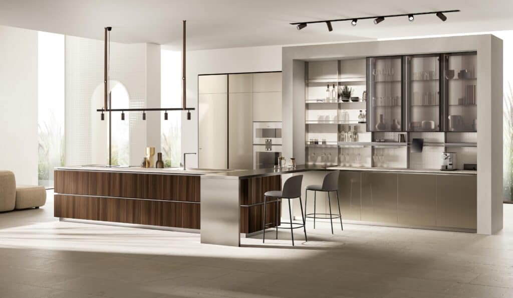 Modern kitchen with a wooden island, sleek countertops, bar stools, open shelving, and integrated appliances.