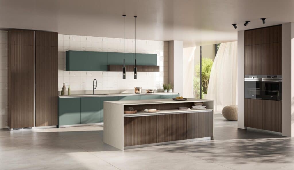 Modern kitchen with teal and wood cabinets, a central island, pendant lights, and large windows.
