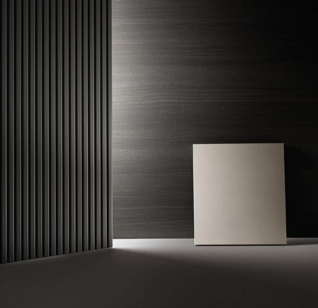 Minimalist interior scene with black textured walls and a white square panel.