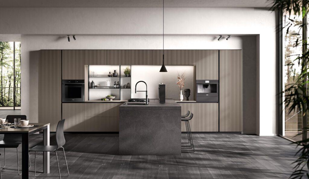 Modern kitchen with an island, minimalist cabinetry, built-in appliances, and large windows providing natural light.