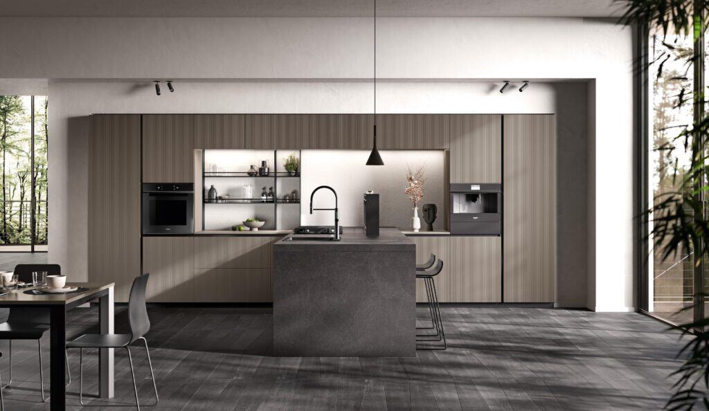 Modern kitchen with a large island, built-in appliances, open shelving, and sleek cabinetry in a spacious, light-filled room.