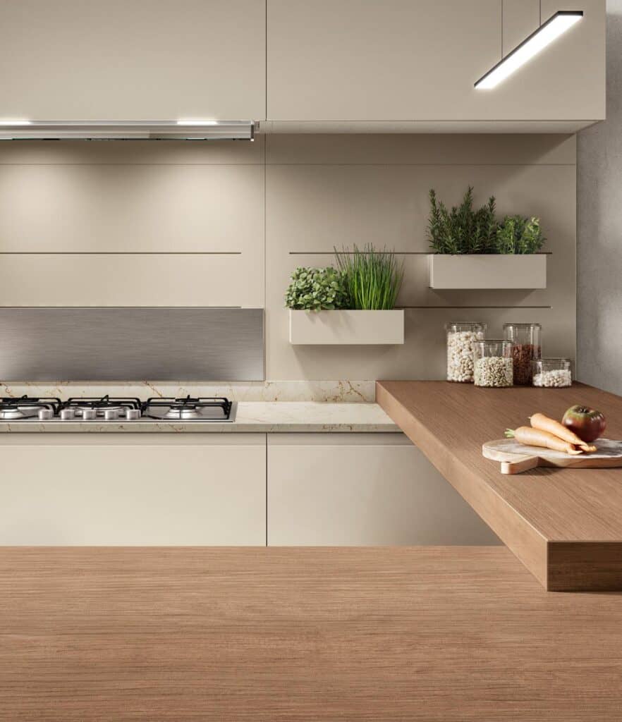 Modern kitchen with light-colored cabinets, a gas stove, wooden countertops, and wall-mounted herb planters.