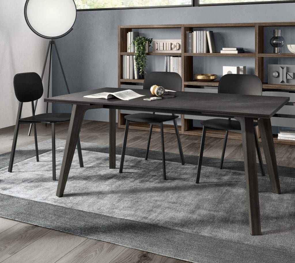 Modern dining room with a dark wooden table, black chairs, a large floor lamp, and a patterned rug, set against a backdrop of bookshelves with assorted decor.