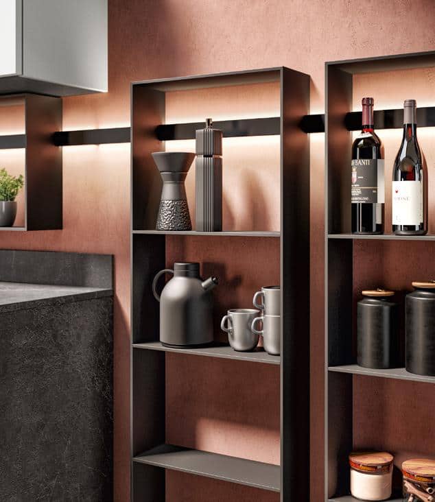 Modern kitchen shelves with various items including a coffee pot, cups, wine bottles, and jars against a textured wall.