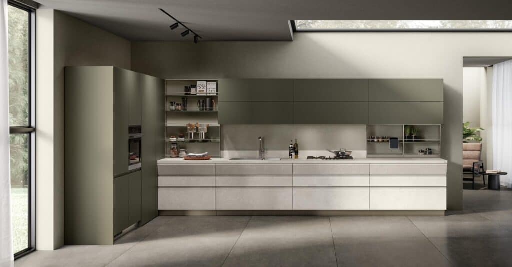 Modern kitchen with olive green cabinetry, built-in appliances, and minimalist decor, featuring large windows and a neutral color palette.