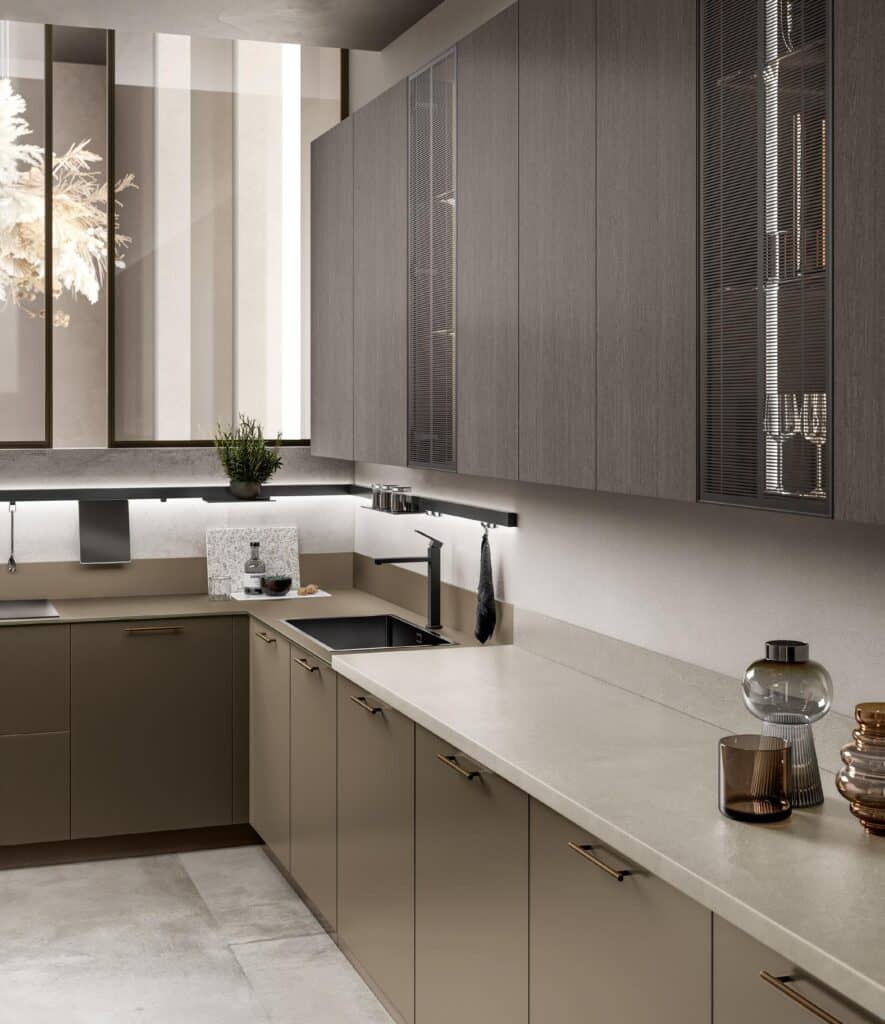 Modern kitchen interior with minimalist design featuring sleek cabinets, integrated appliances, and a neutral color palette.