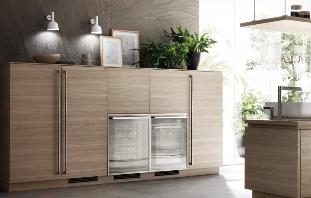 Modern kitchen with light wood cabinets, stainless steel appliances, indoor plants, art frames, and a sink on a countertop.