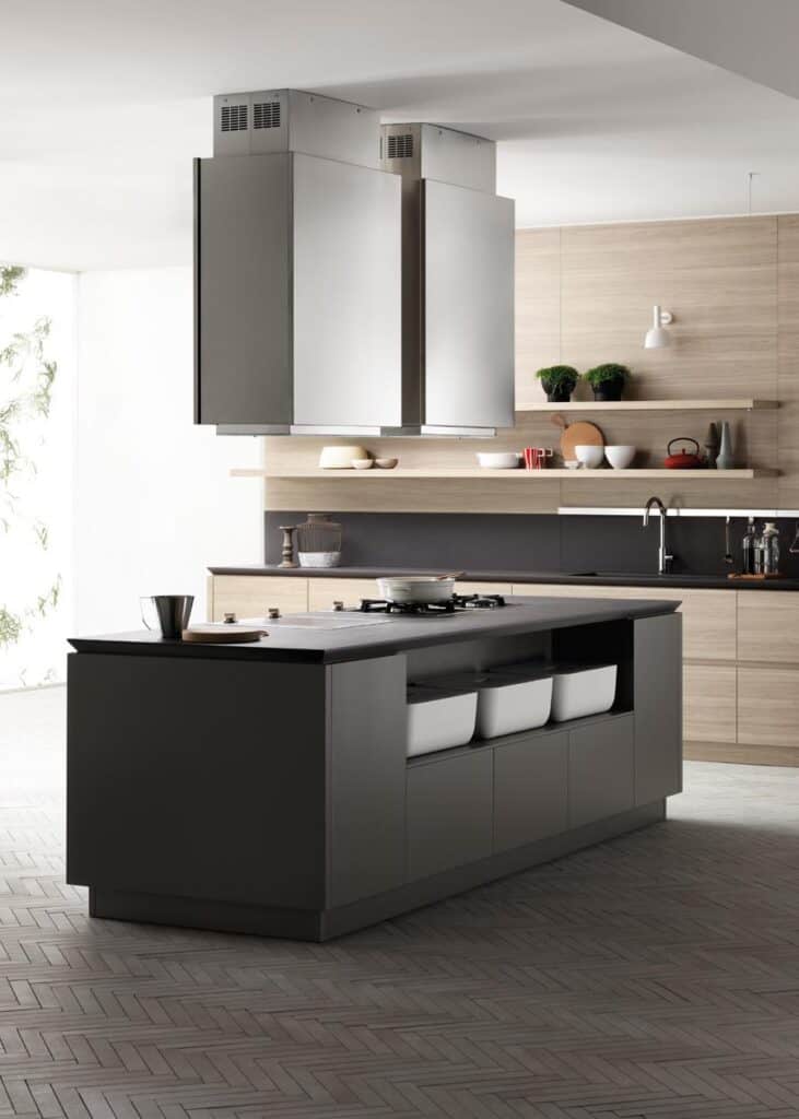 Modern kitchen with a central island, stovetop, and stainless steel range hoods; shelves with plants and kitchen items adorn the wall.
