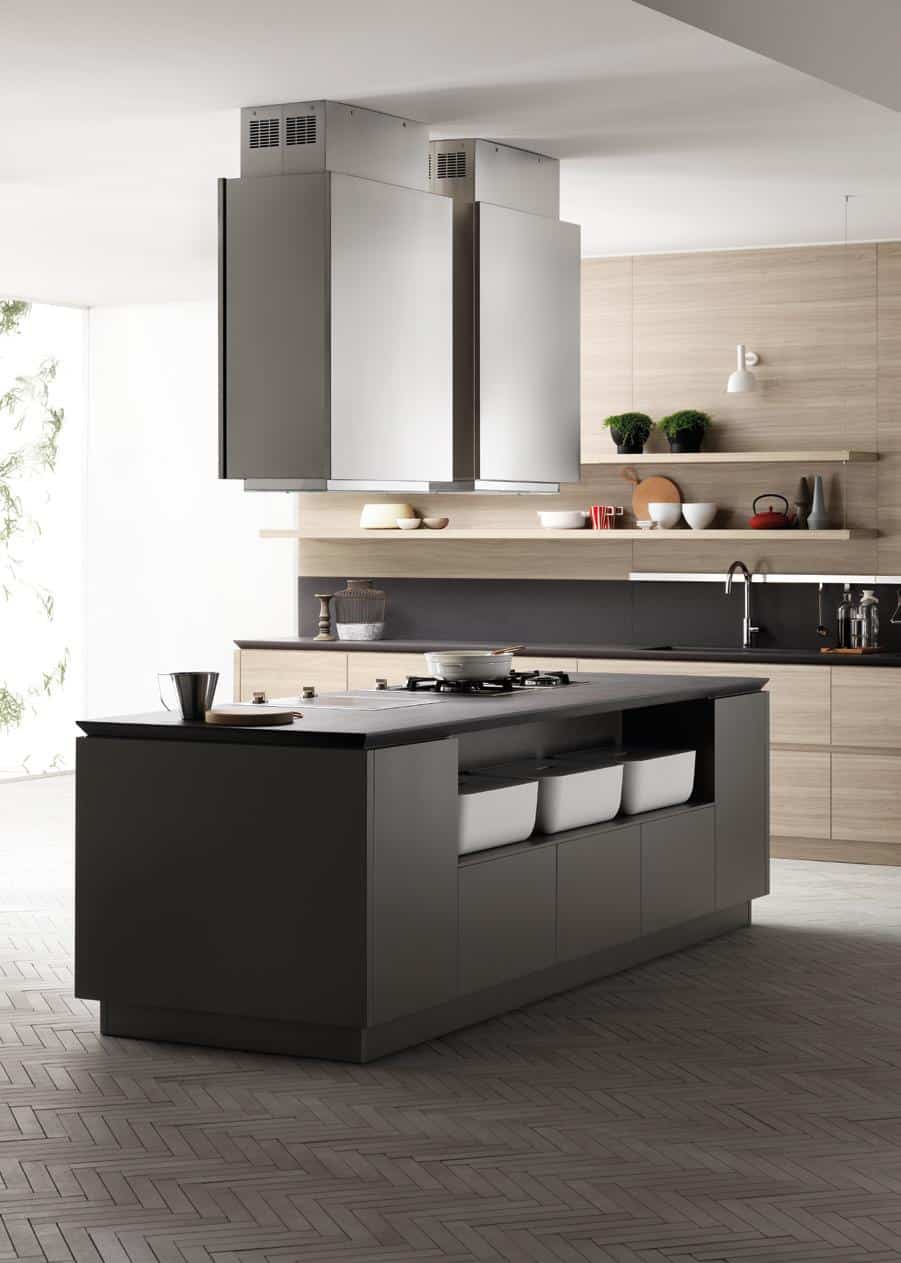 Modern kitchen with a central island, stovetop, and stainless steel range hoods; shelves with plants and kitchen items adorn the wall.