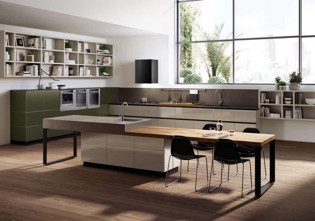 Modern kitchen with large windows, a central island with sink, integrated appliances, open shelving, and a dining area with black chairs.