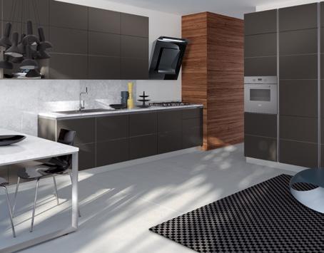 Modern kitchen with dark cabinets, a built-in oven, and a dining table.