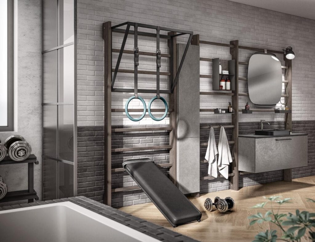 Modern home gym with gymnastic rings, a bench, weights, and storage shelves, integrated into a room with brick walls, a mirror, and a sink.