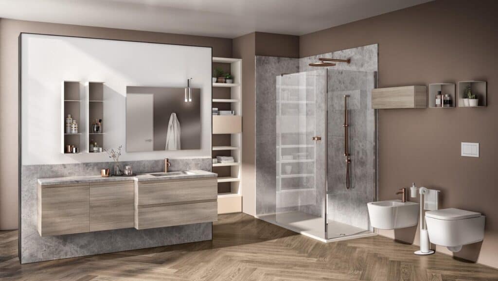 Modern bathroom with wood and marble finishes, featuring a large mirror, floating vanity, shower with glass door, and integrated shelving.
