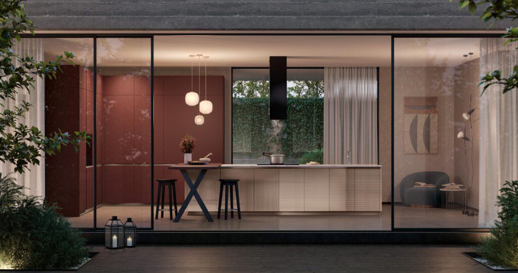 A modern kitchen with a large glass wall, featuring a central island, pendant lights, and contemporary decor.