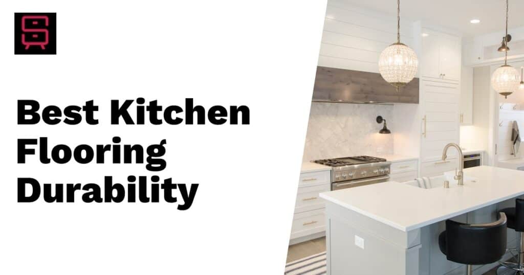 A modern kitchen interior with white cabinets, a marble backsplash, and a large island with bar stools, next to text reading "Best Kitchen Flooring Durability."