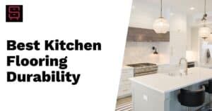 marshall-evans-14a695bfb825a43d30b13ce798239294ca43f47d4dce5fffeca0b5e972b53f2b - Inspo Living Spaces A modern kitchen interior with white cabinets, a marble backsplash, and a large island with bar stools, next to text reading "Best Kitchen Flooring Durability."