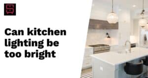 marshall-evans-da09980da17a76d889be1efa2eda90d7a7bfb6b479aeb54b102c771d80854538 - Inspo Living Spaces A modern kitchen with bright lighting, featuring white cabinetry, a marble backsplash, a center island with bar stools, and pendant lights. Text reads, "Can kitchen lighting be too bright."