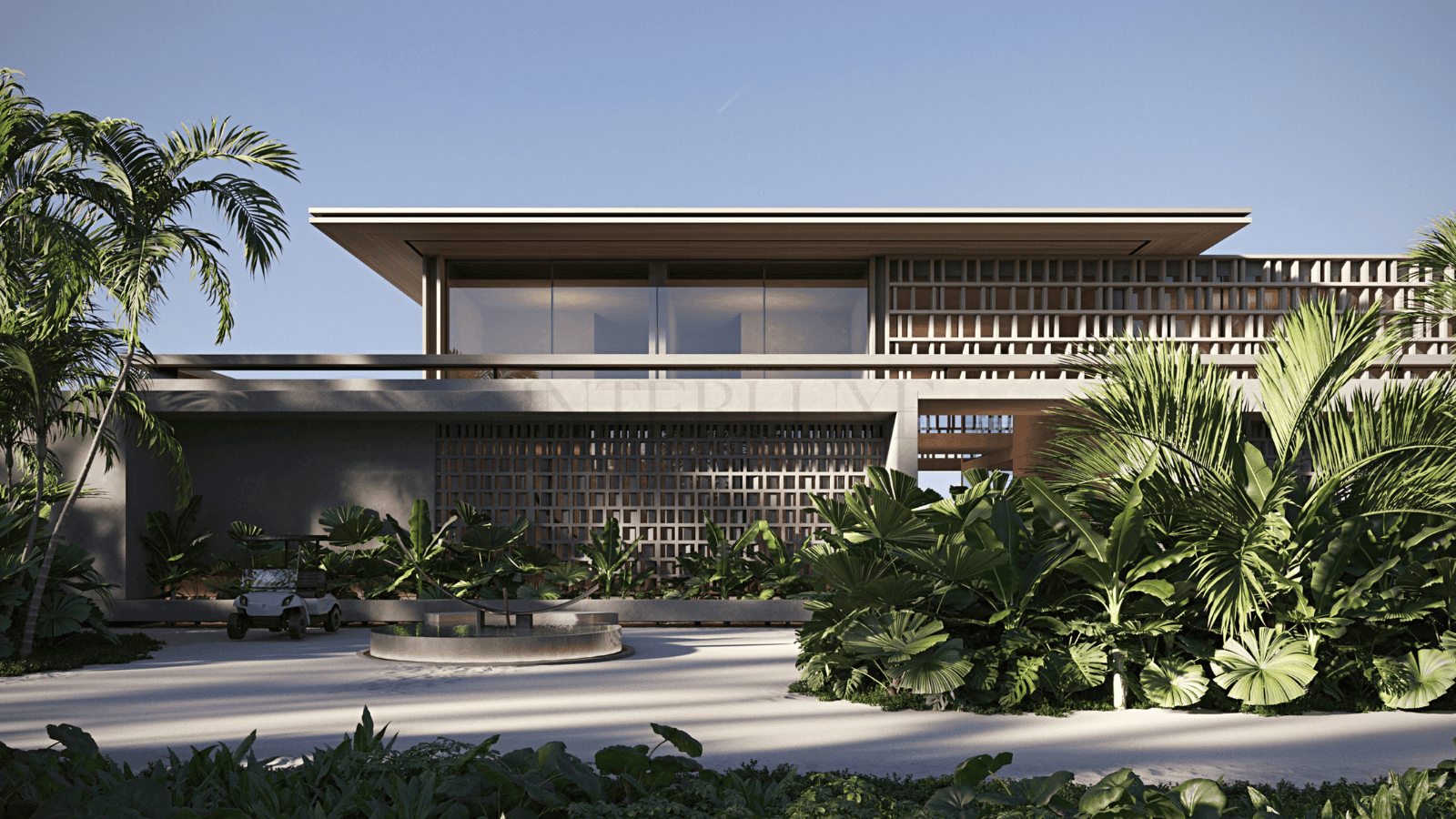 Elegant contemporary villa with lush landscaping and stylish architecture, perfect for upscale living.