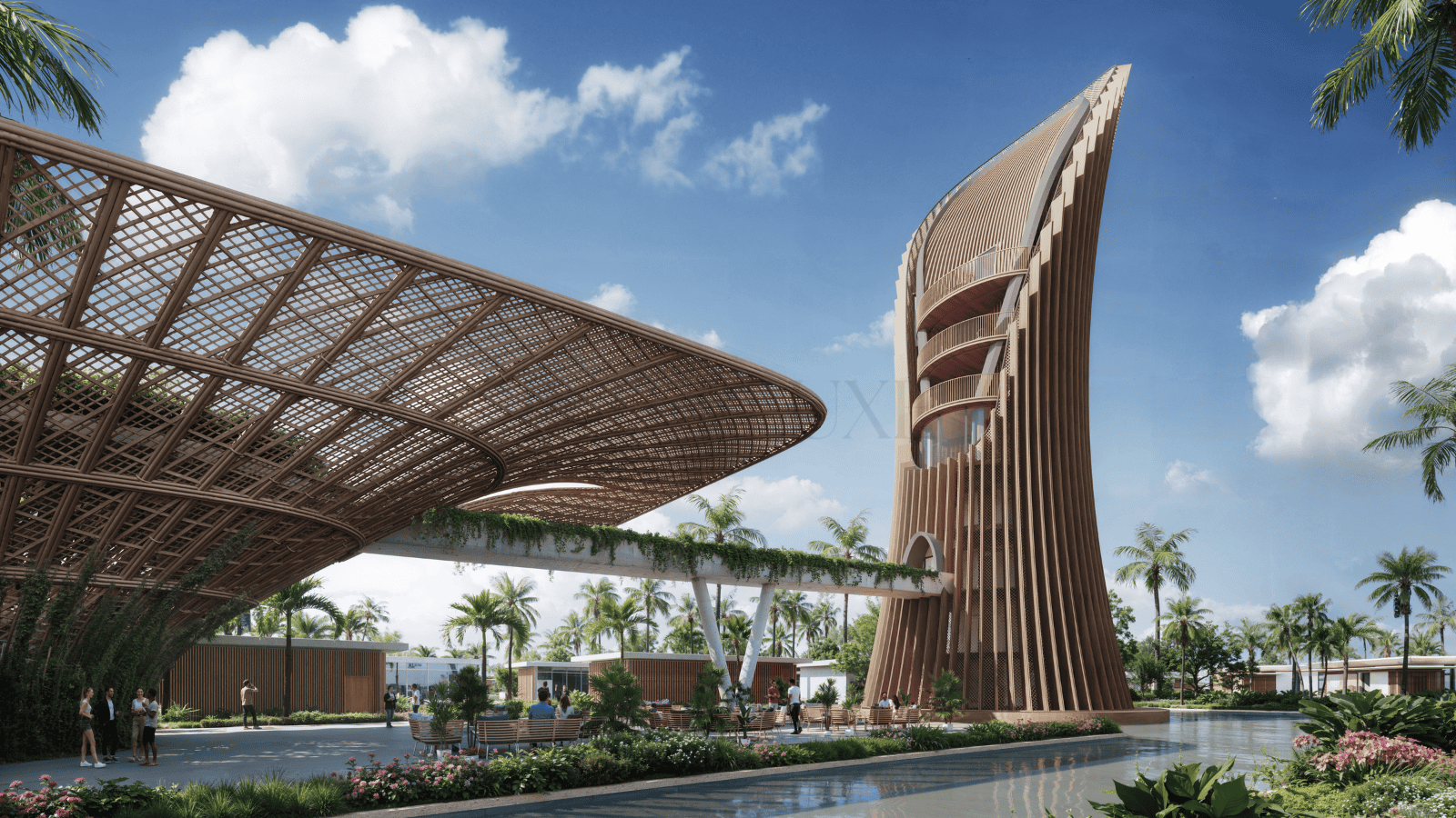 Luxury tropical resort, modern architecture, lush landscaping, upscale real estate, Interluxe Realty.