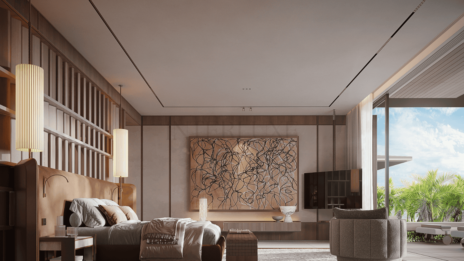 Spacious bedroom featuring contemporary design, elegant furniture, and large windows overlooking lush greenery.