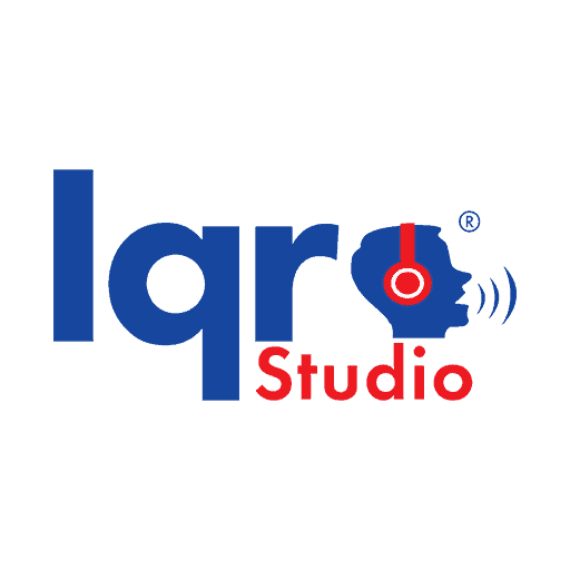 Iqra studio logo with headset and sound wave design, representing Islamic educational and media services for Quran learning and Islamic content.