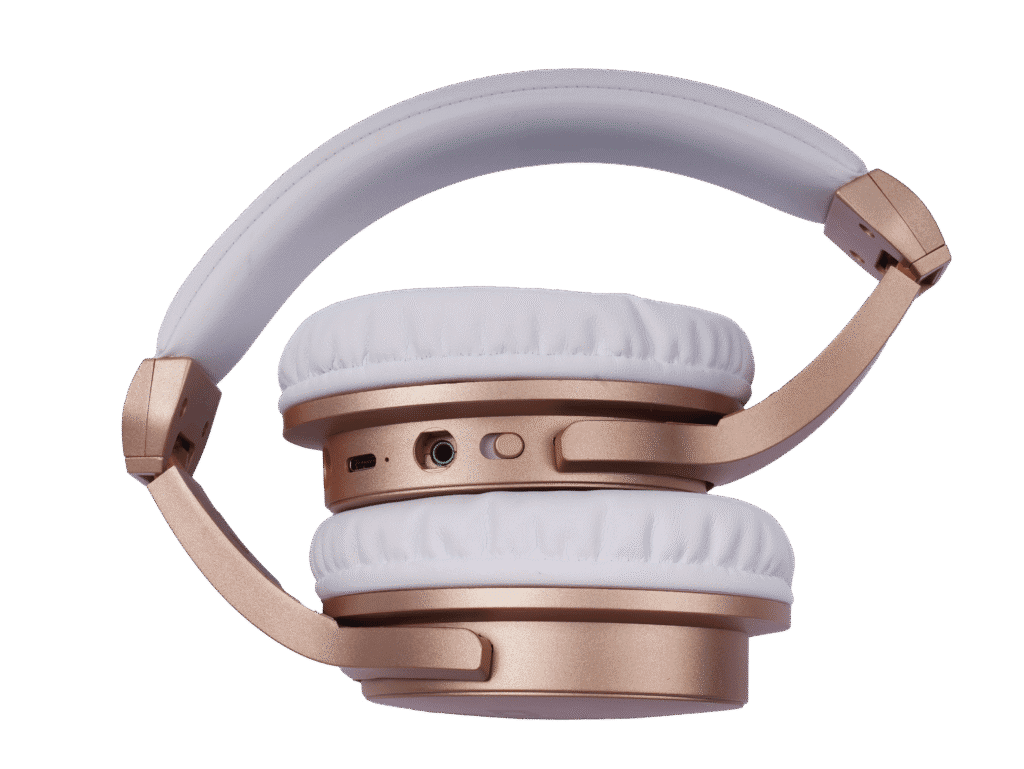 Wireless over-ear headphones with rose gold accents and white ear cushions, ideal for high-quality audio and comfortable listening experiences. Perfect for music lovers and tech enthusiasts.