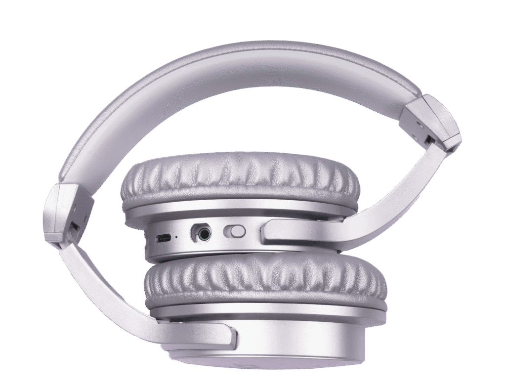 Wireless silver over-ear headphones with cushioned ear pads perfect for Islamic Quran recitation and study, emphasizing quality sound and comfort for Quran Studio enthusiasts.