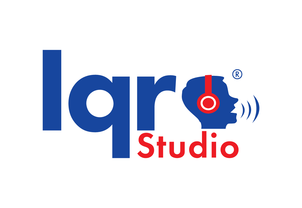 Audio recording studio logo featuring a human head wearing headphones, emphasizing quality Islamic media production services by Iqra Studio.