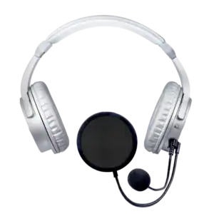 Headphones with microphone and pop filter for Quran recitation, Islamic learning, and education from Iqra Studio.