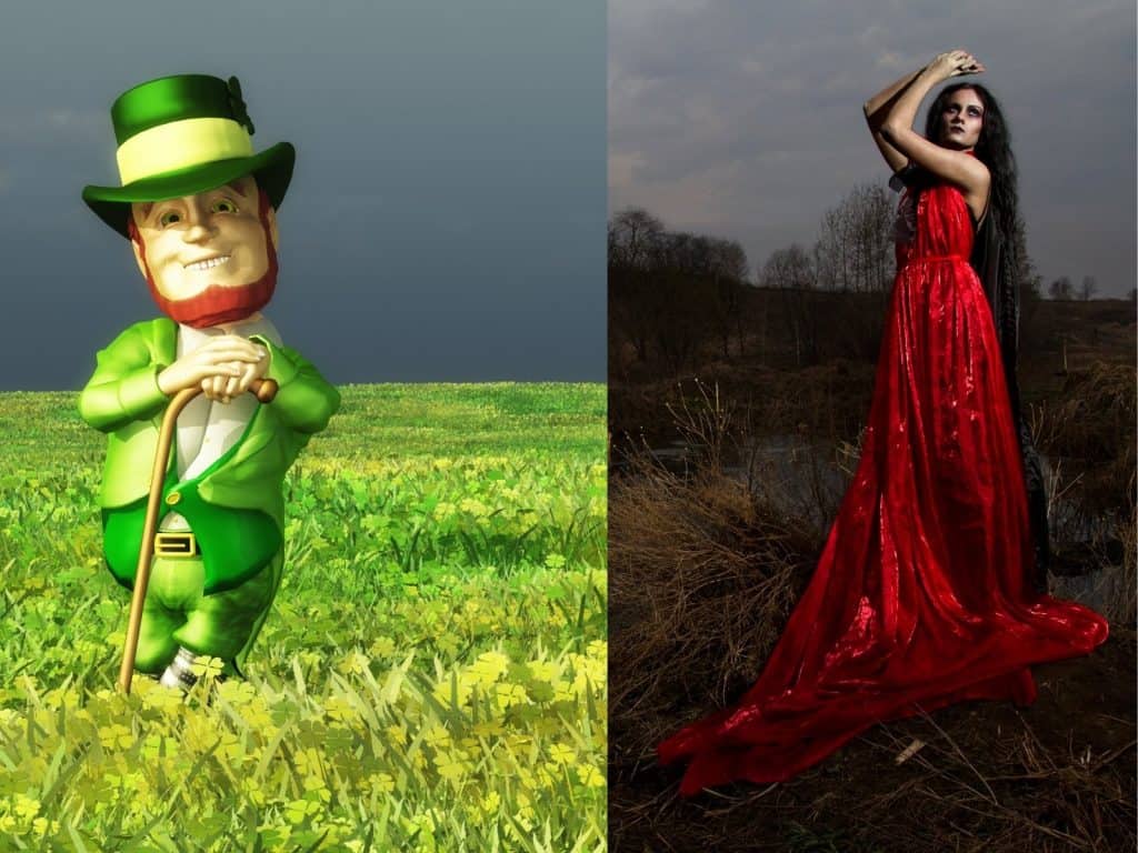 Green leprechaun statue standing in a grassy field with a cloudy sky, symbolizing Irish heritage and folklore.
