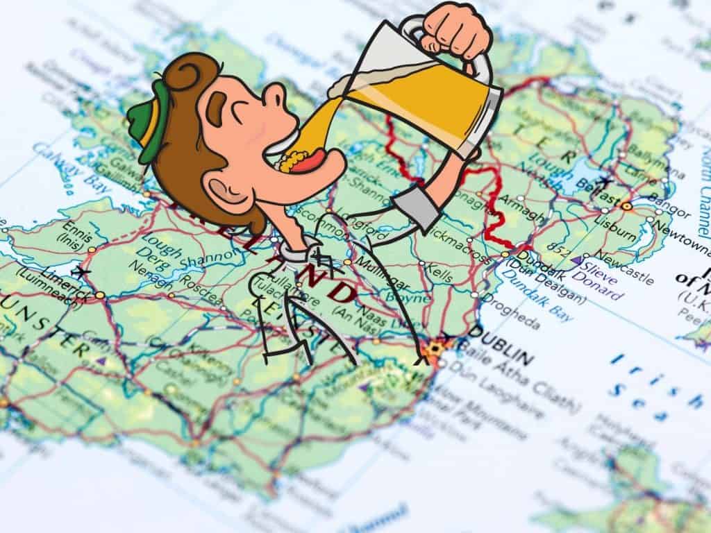 Map of Ireland with cartoon monkey drinking beer on top, representing Irish travel and culture, fun and lively, ideal for tourism content.
