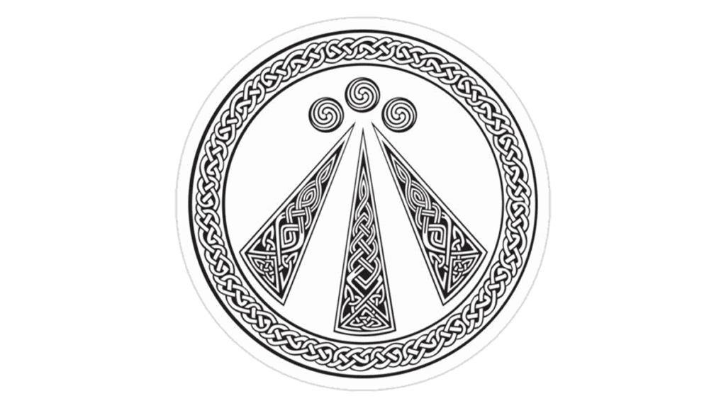 Black and white illustration of the modern Awen emblem