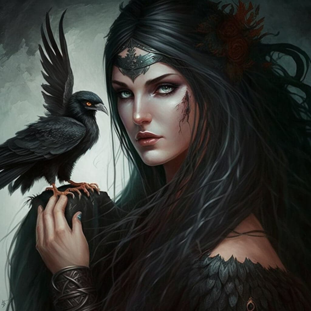 Mystical Irish warrior woman with a black bird, dark hair, and a fierce expression.