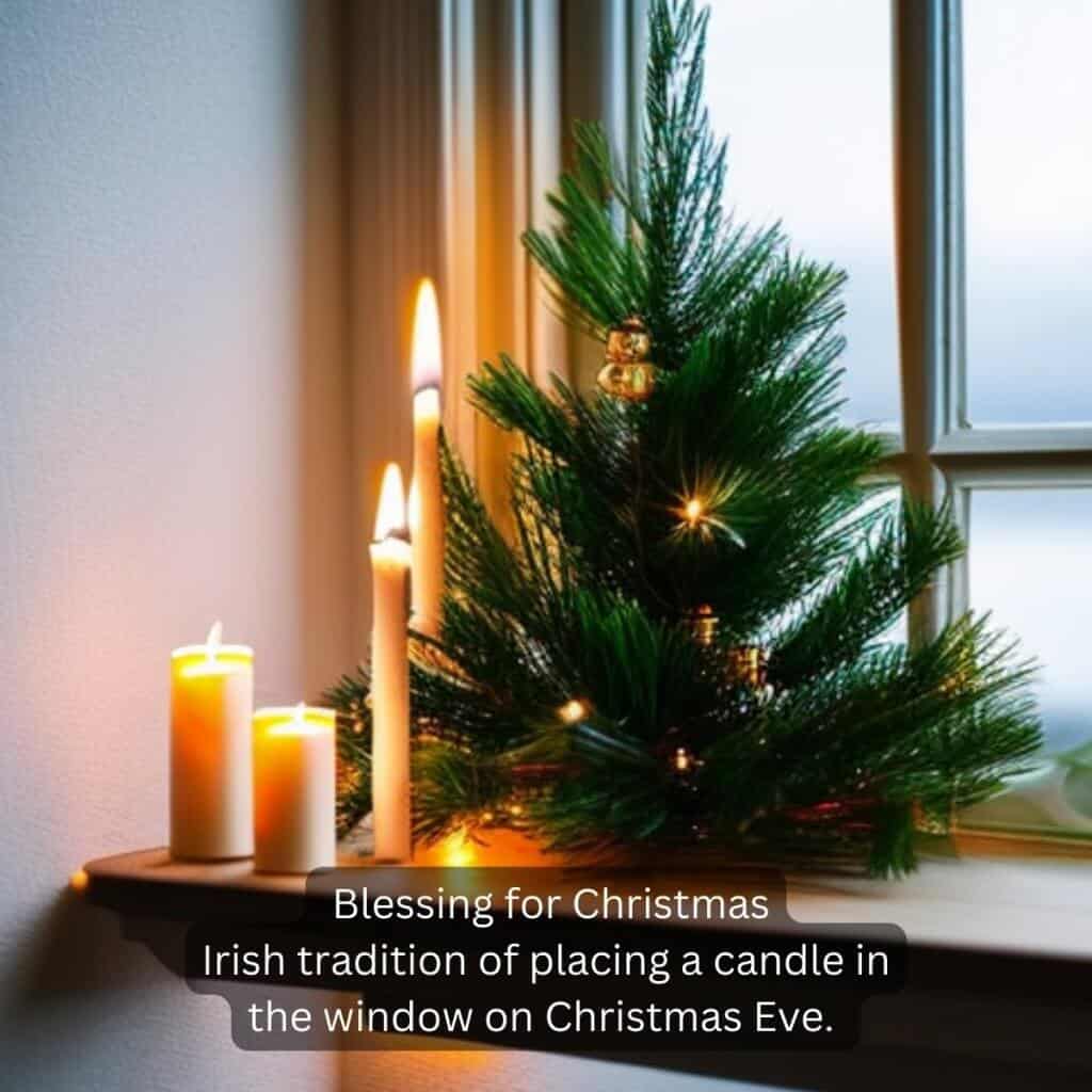Green Christmas tree with candles on a windowsill, Irish tradition.