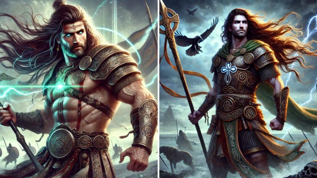 Mythical warriors dressed in ancient Celtic armor, wielding weapons, set against stormy landscapes with lightning.
