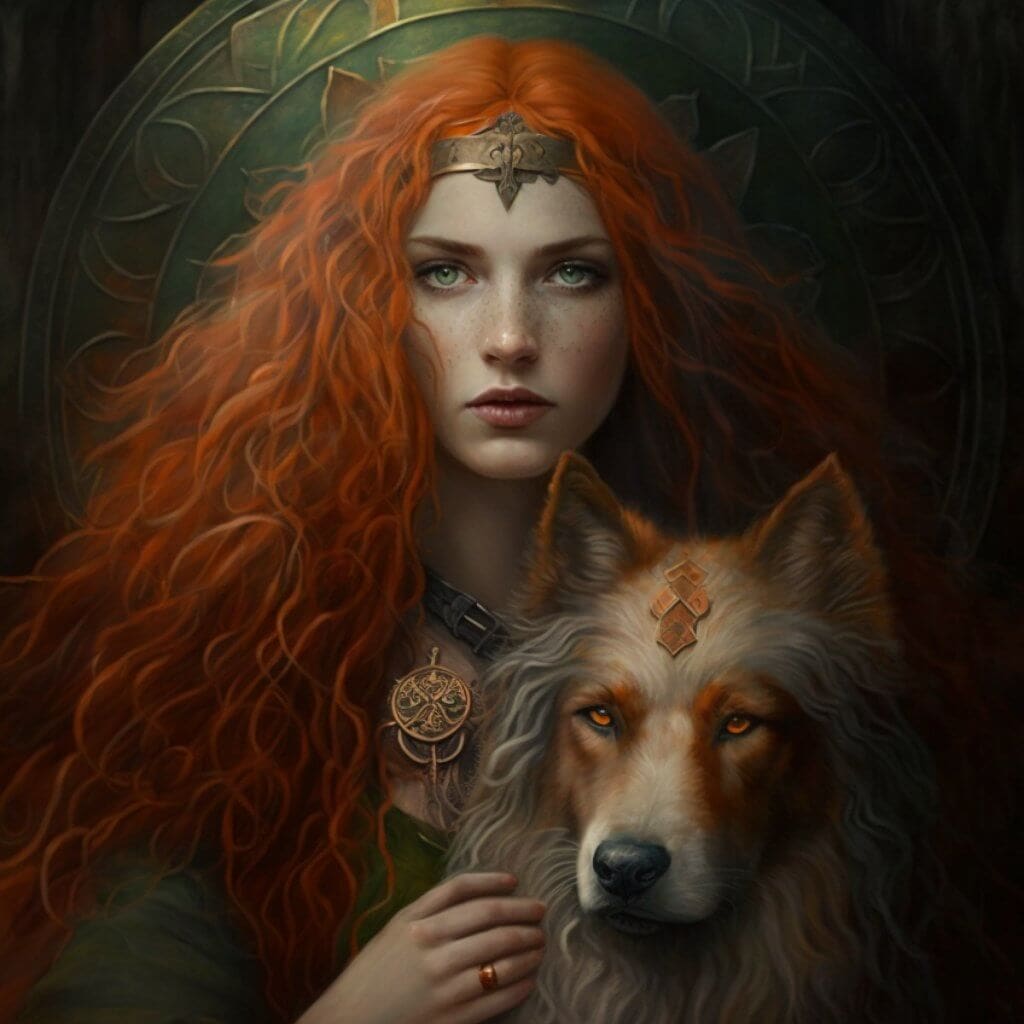 Viking-inspired woman with long red hair and green eyes, accompanied by a majestic wolf.