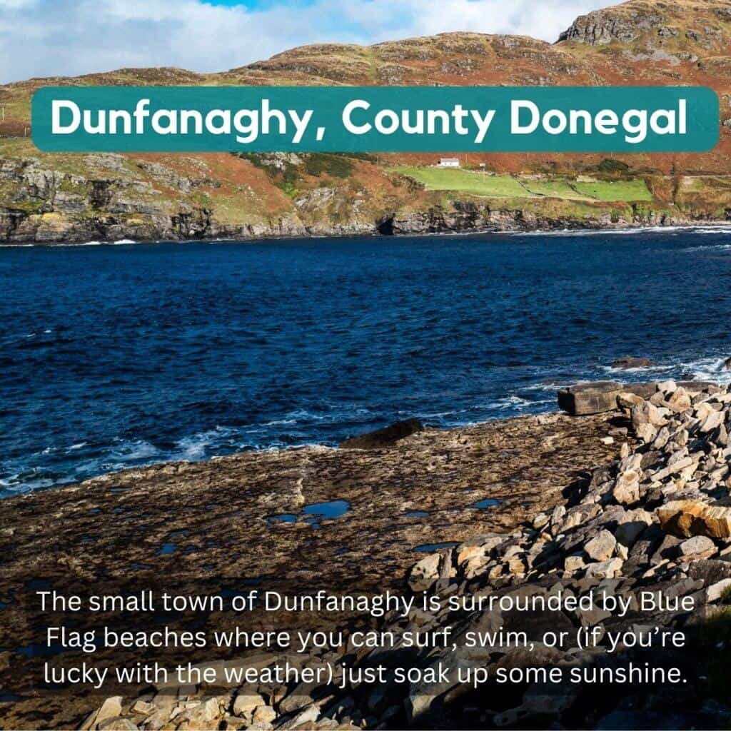 Blue Flag beaches along the rugged coastline of Dunfanghy, County Donegal, with scenic views and natural beauty.