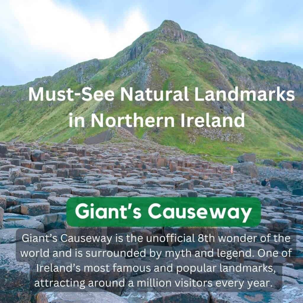 Giant's Causeway in Northern Ireland, with basalt columns and green hills.