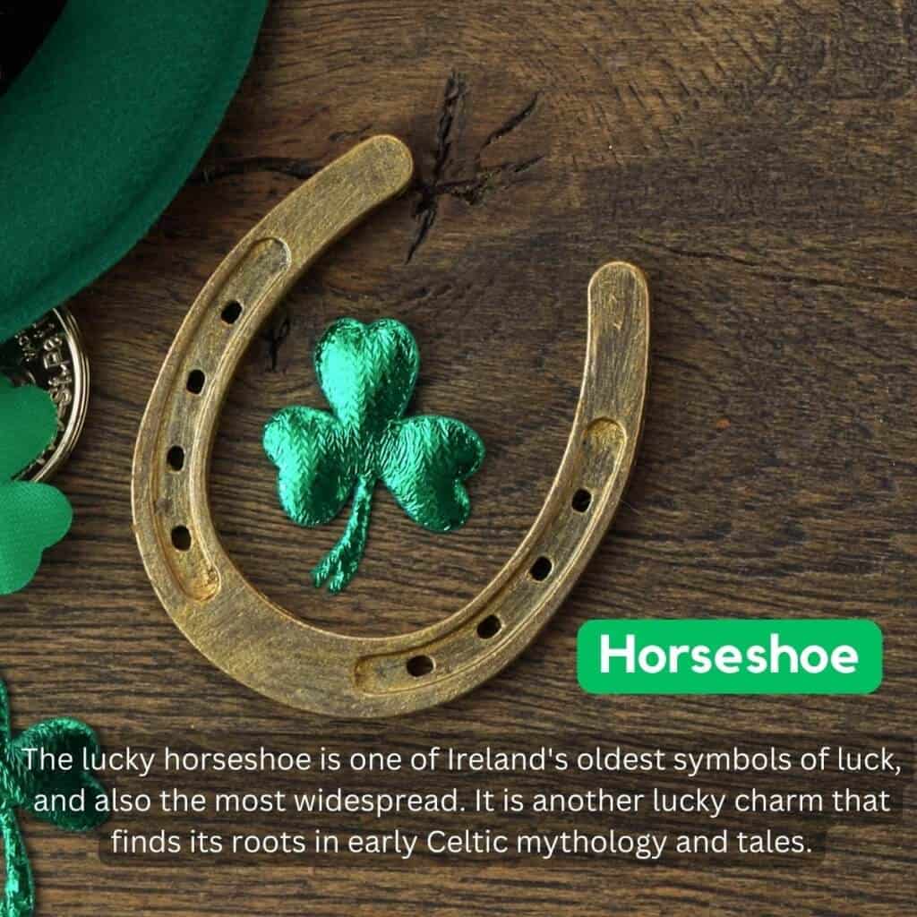 Horseshoe and shamrock symbol on wooden surface, Irish luck icon IrelandWide.com.