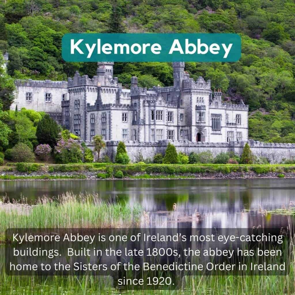 Kyelmore Abbey, Irish castle surrounded by lush greenery and a tranquil lake.