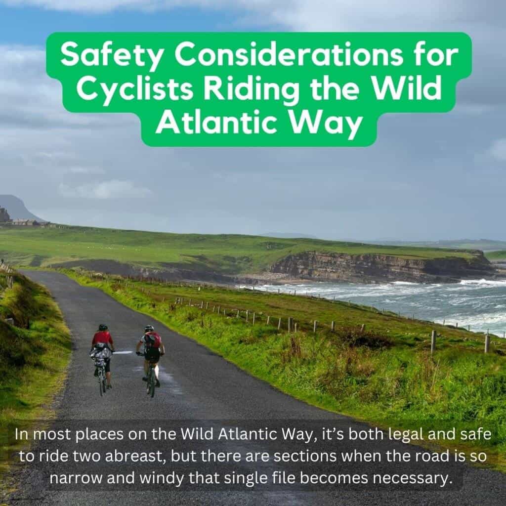 Cyclists riding along the scenic Wild Atlantic Way in Ireland with rugged cliffs and ocean views.