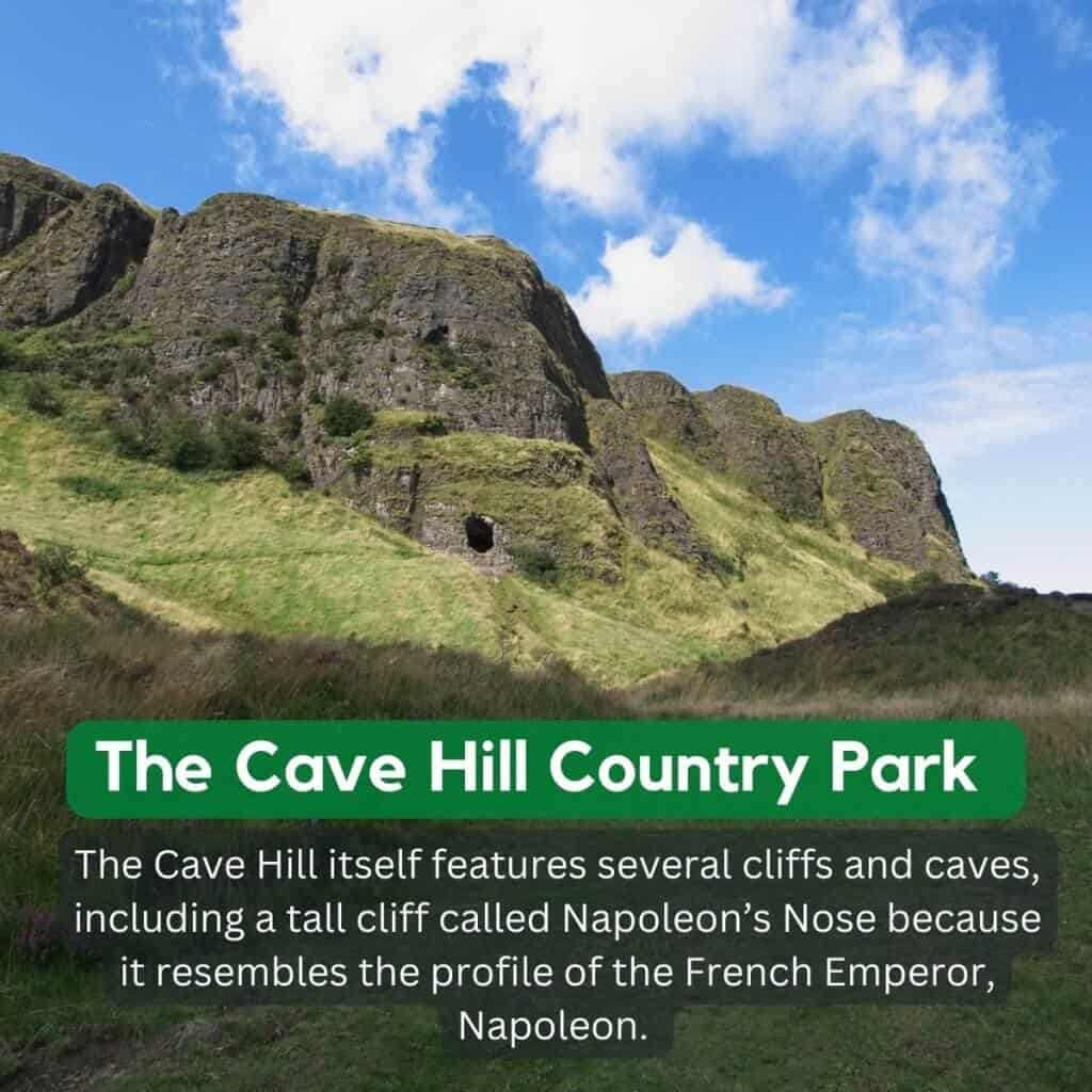 Cliffs and caves along Cave Hill in Ireland, with green grassy slopes under a bright blue sky.