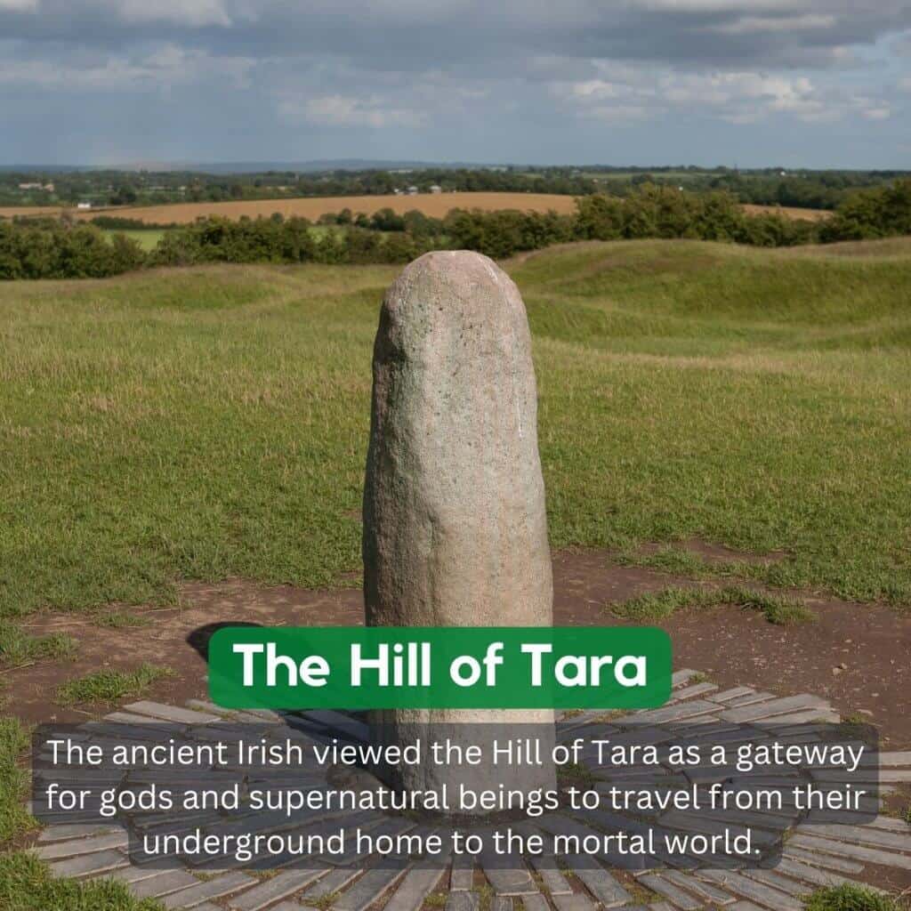 Standing stone on lush green hilltop at Tara, Ireland, with expansive countryside in the background.