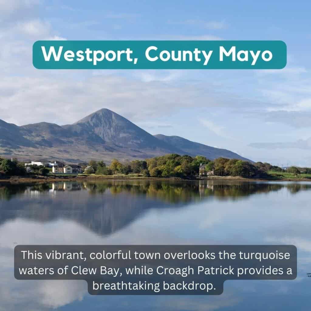 Serene view of Clew Bay with mountains and peaceful waters in Westport, County Mayo, Ireland.