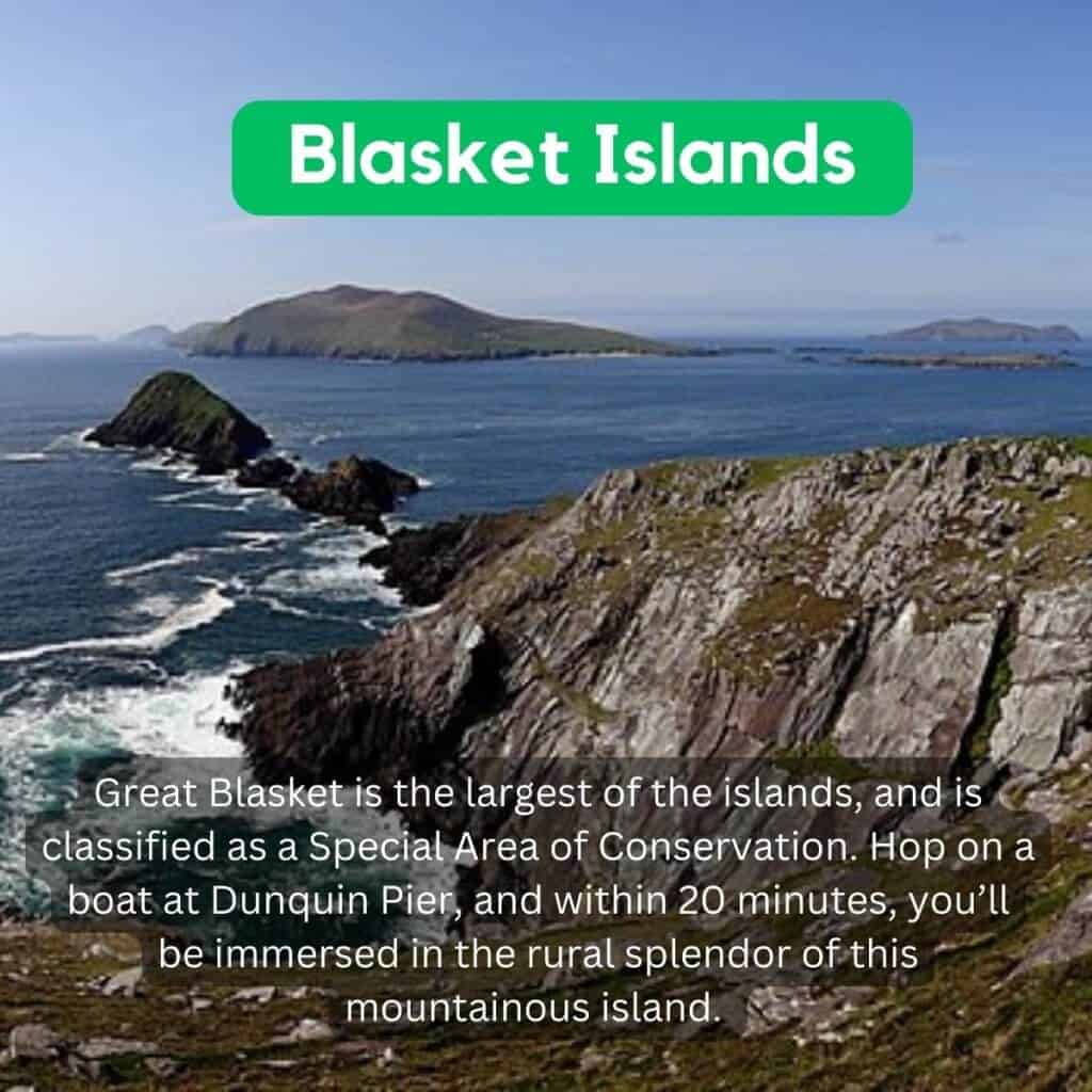 Blasket Islands coastal landscape with rocky cliffs and ocean views.