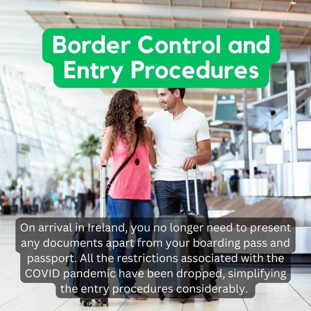 Border control and entry procedures at Irish airport, travelers with luggage, modern travel, Ireland travel tips, culture and transportation.