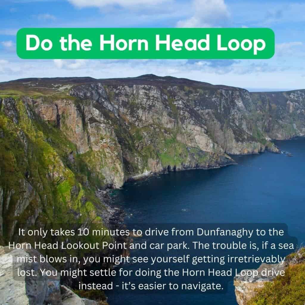 Cliffs of Horn Head near Dunfanaghy, Ireland, with rugged coastline and lush greenery.