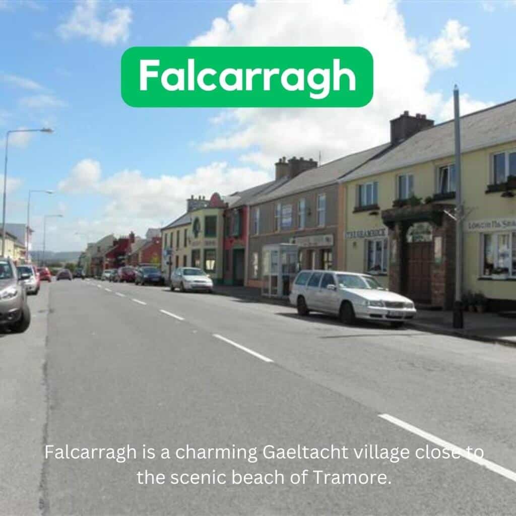 Falcarragh village street with colorful shops in County Donegal, Ireland.