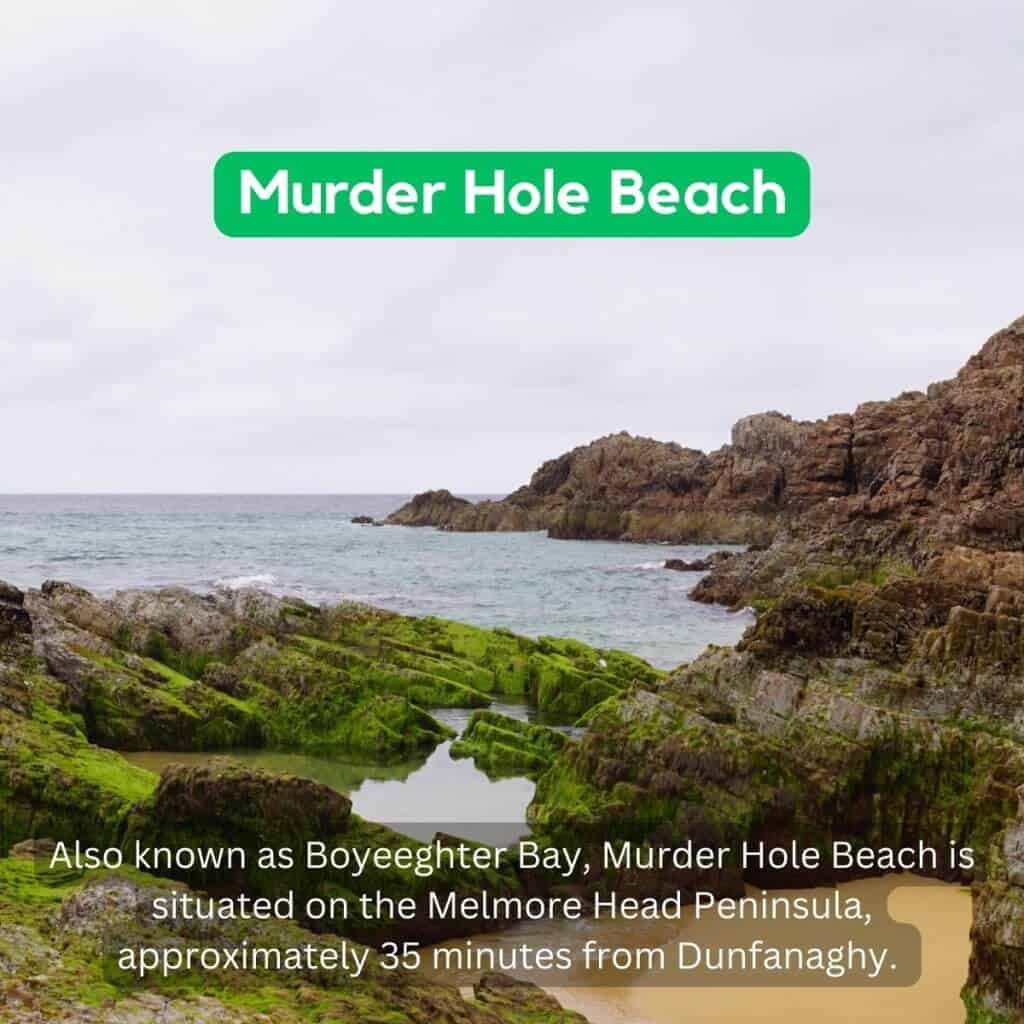 Murder Hole Beach rocky coastline with green algae and tide pools, Melmore Head Peninsula, Ireland.